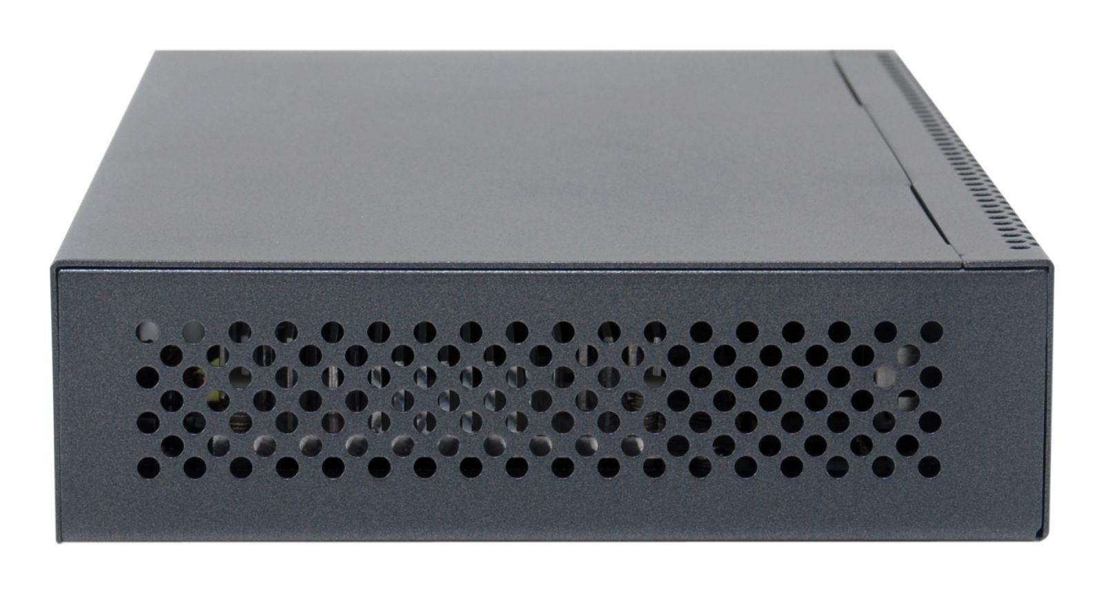 Un alloggiamento grigio per switch di rete con fori di ventilazione sul lato.