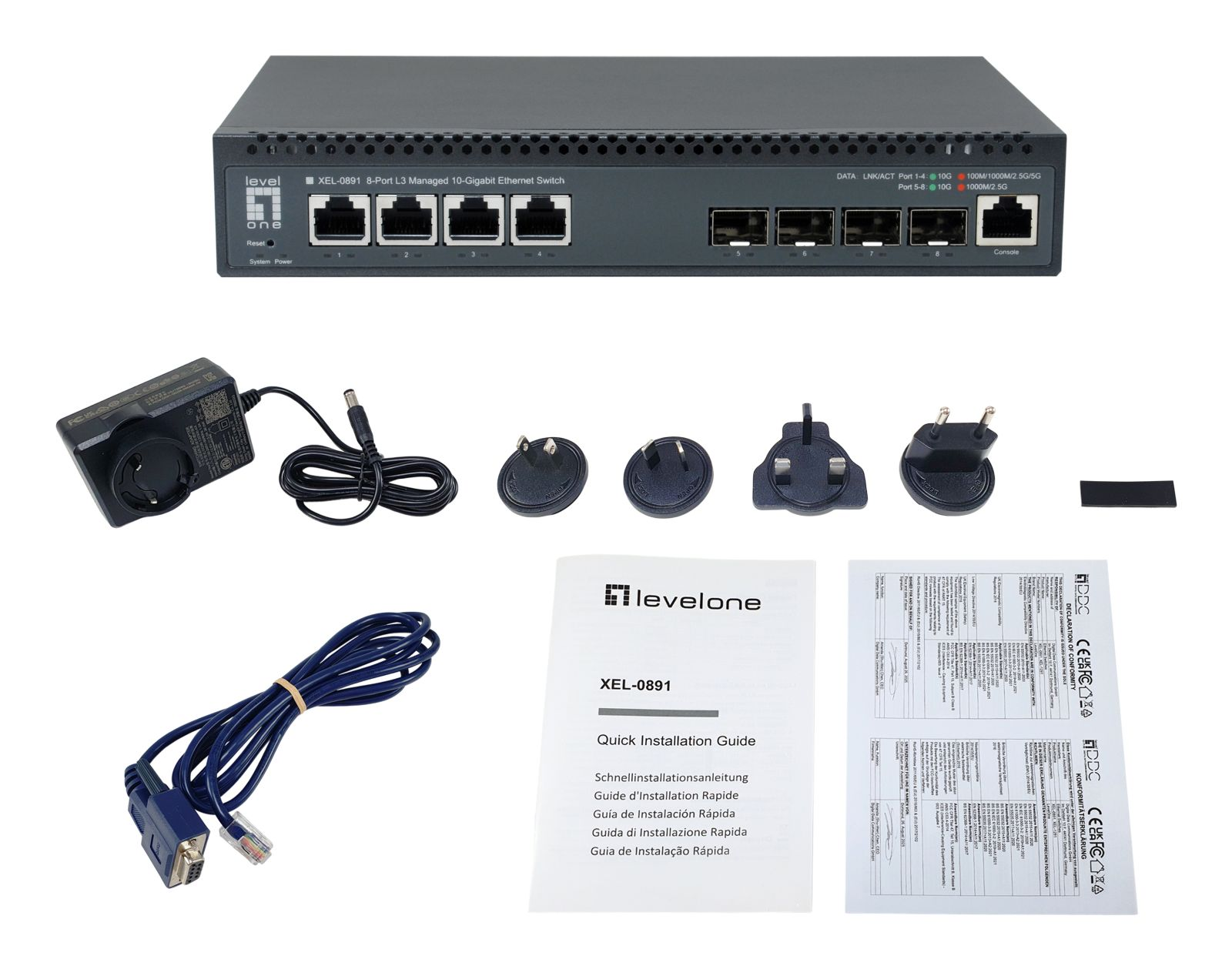 Switch di rete LevelOne, alimentatore, cavi, spine e guide.