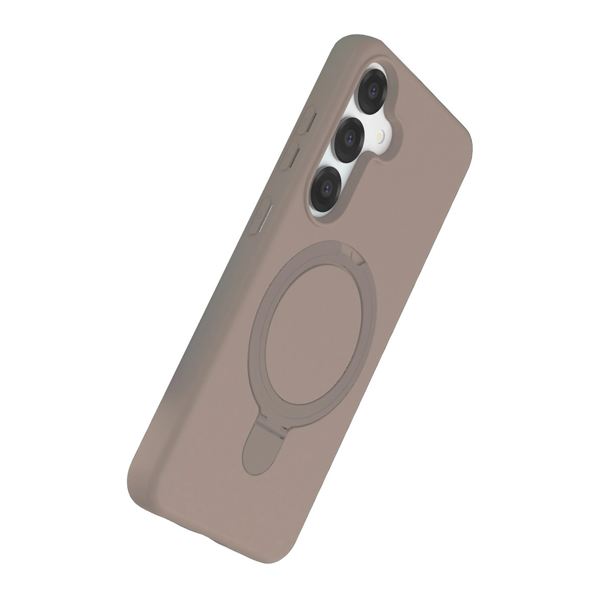 Üç kameralı, manyetik halkalı kahverengi telefon kılıfı.