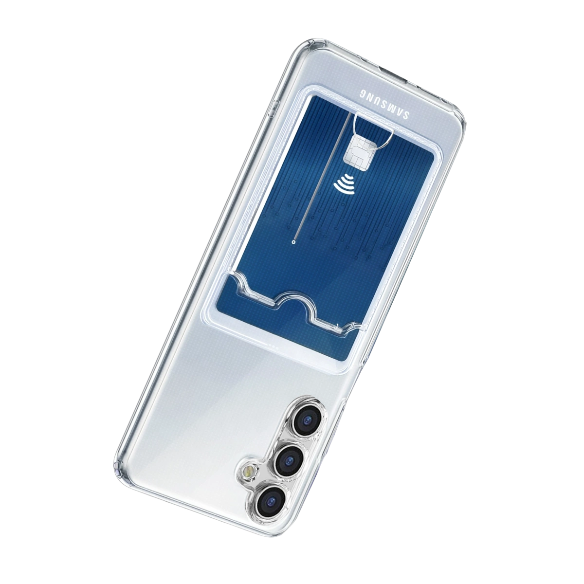 NFC sembolü ve Samsung logosu olan mavi kartlı şeffaf telefon kılıfı.