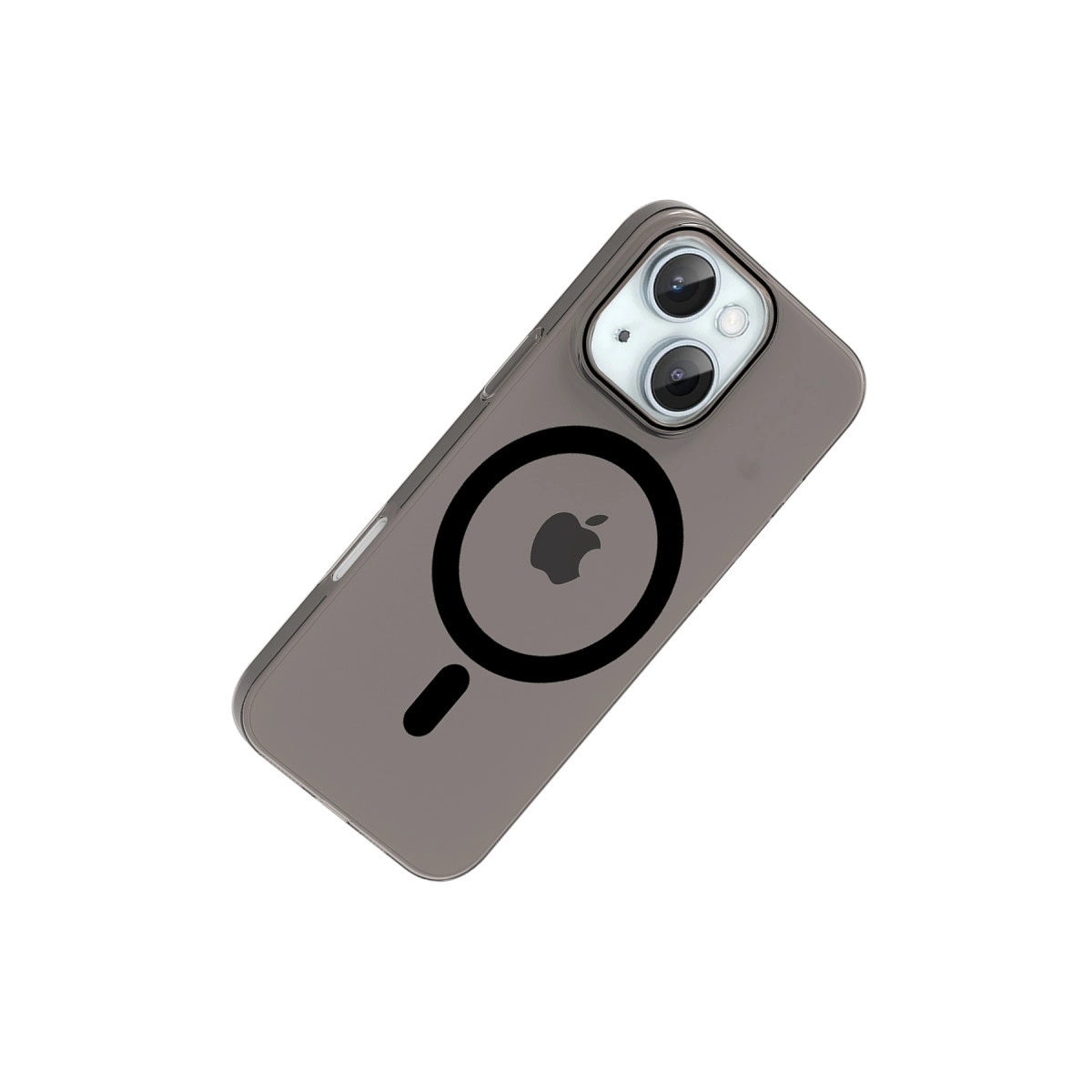 Apple logosu ve MagSafe halkası olan gri telefon kılıfı.