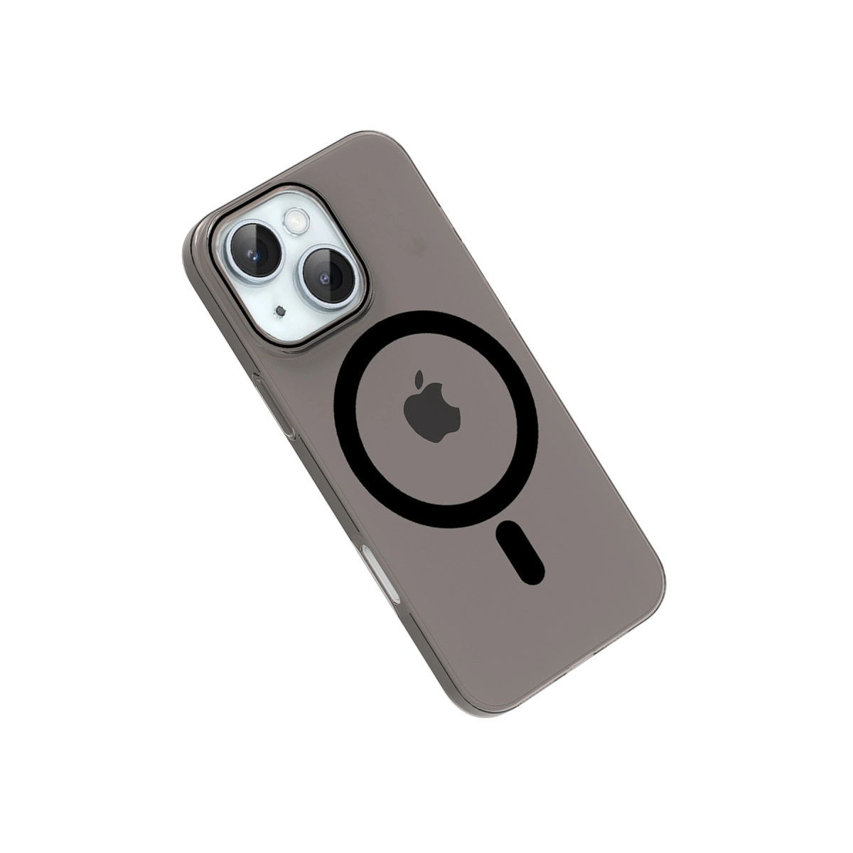 Siyah MagSafe halkası ve Apple logosu olan şeffaf gri telefon kılıfı.