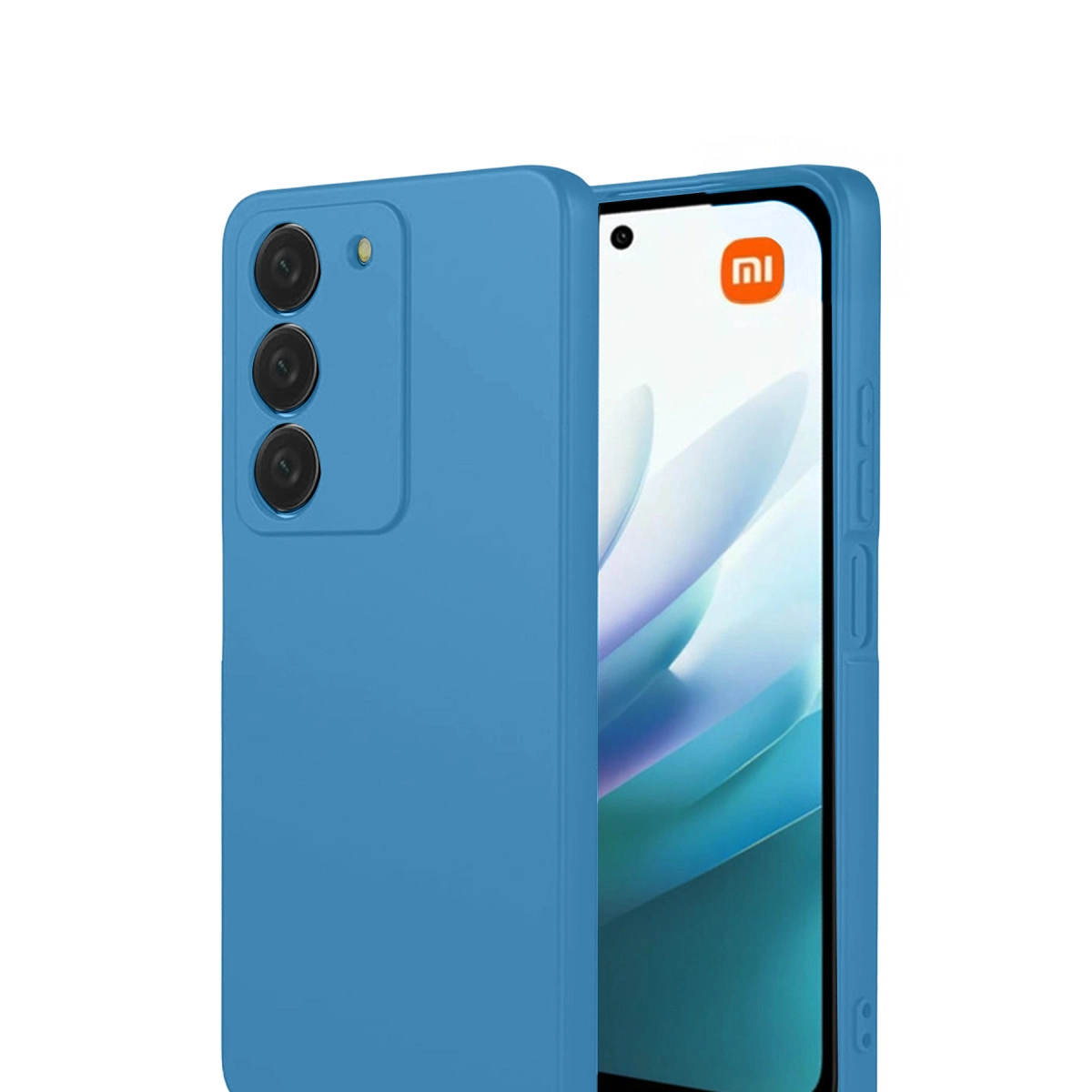 Mavi bir telefon kılıfı üç arka kamera gösteriyor. Telefon ekranında Mi logosu görünüyor.