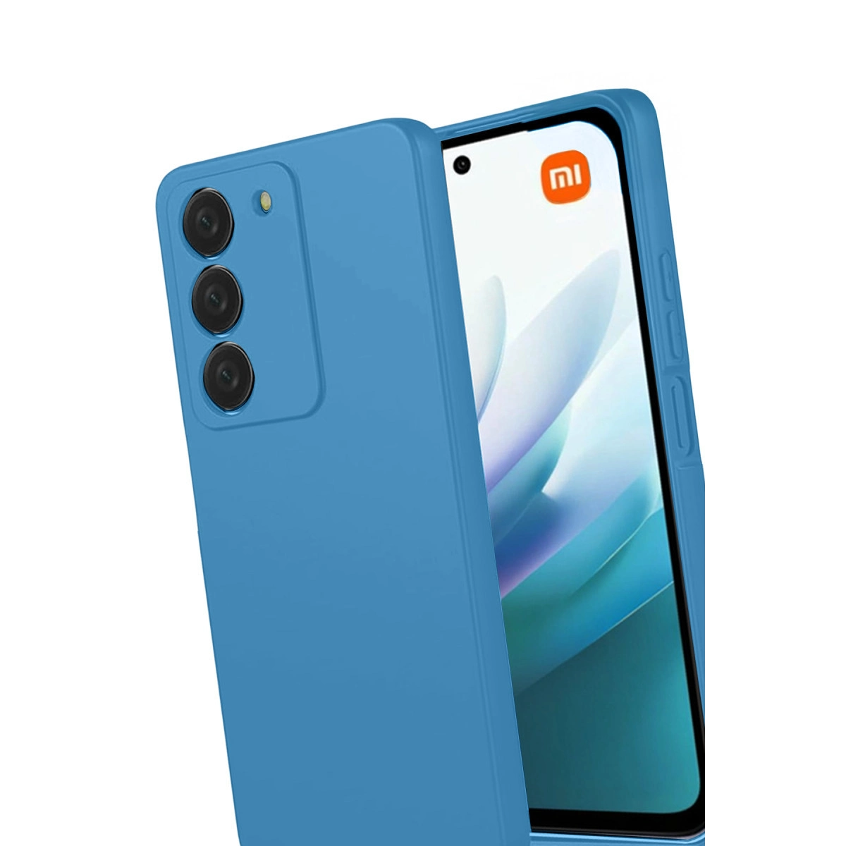 Ekranında Mi logosu ve üç kamerası olan mavi bir akıllı telefon.