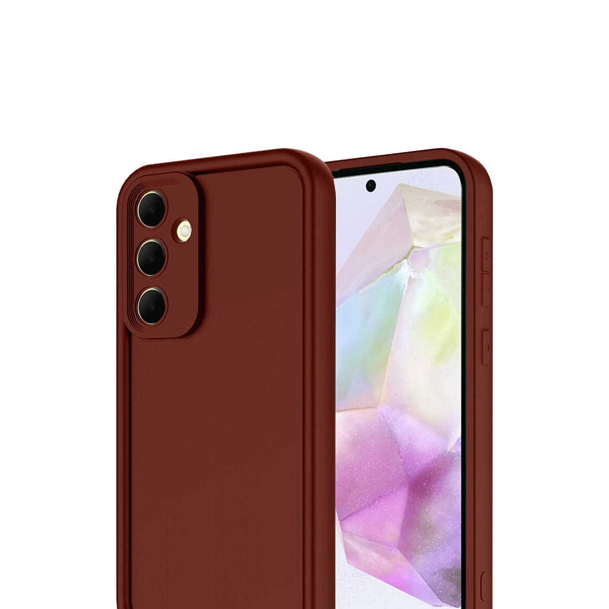 Üç kameralı kırmızı telefon kılıfı ve bir akıllı telefon.