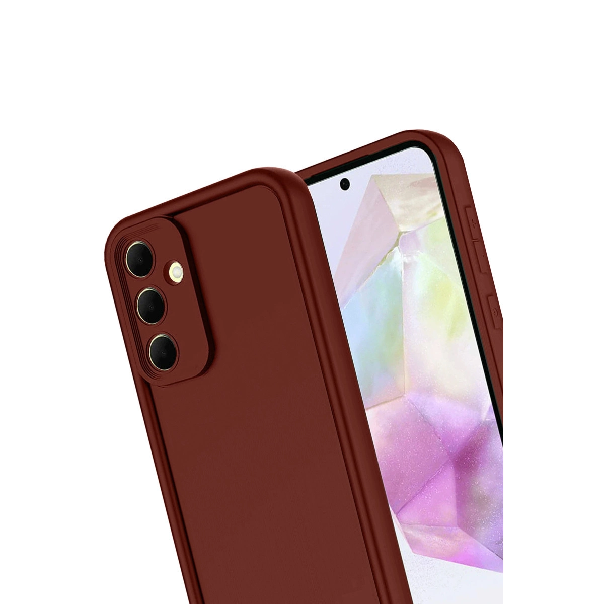 Üçlü kamera sistemli bordo telefon kılıfı ve soyut sanat gösteren telefon ekranı.