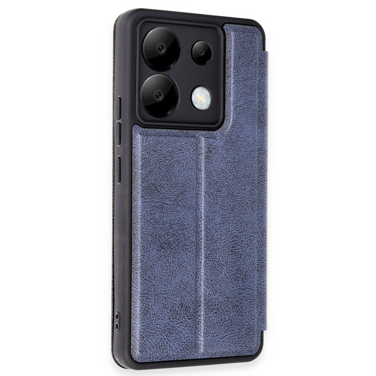 Kamera modüllü, mavi, deri dokulu telefon kılıfı.