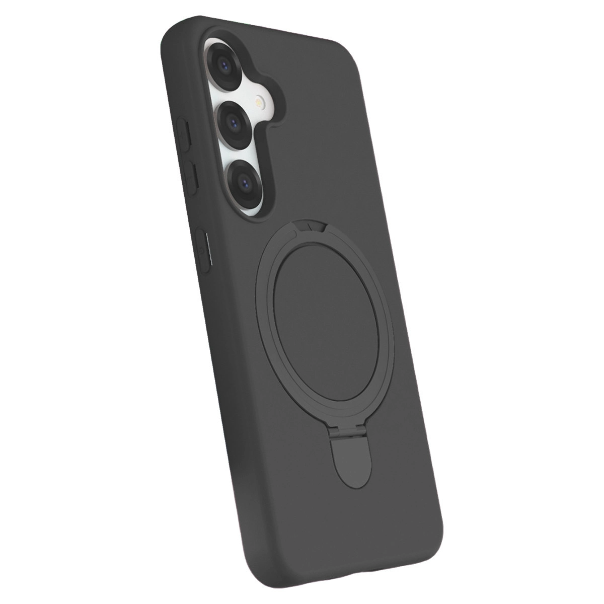 Halka tutuculu ve üçlü kamera oyuklu koyu gri telefon kılıfı.