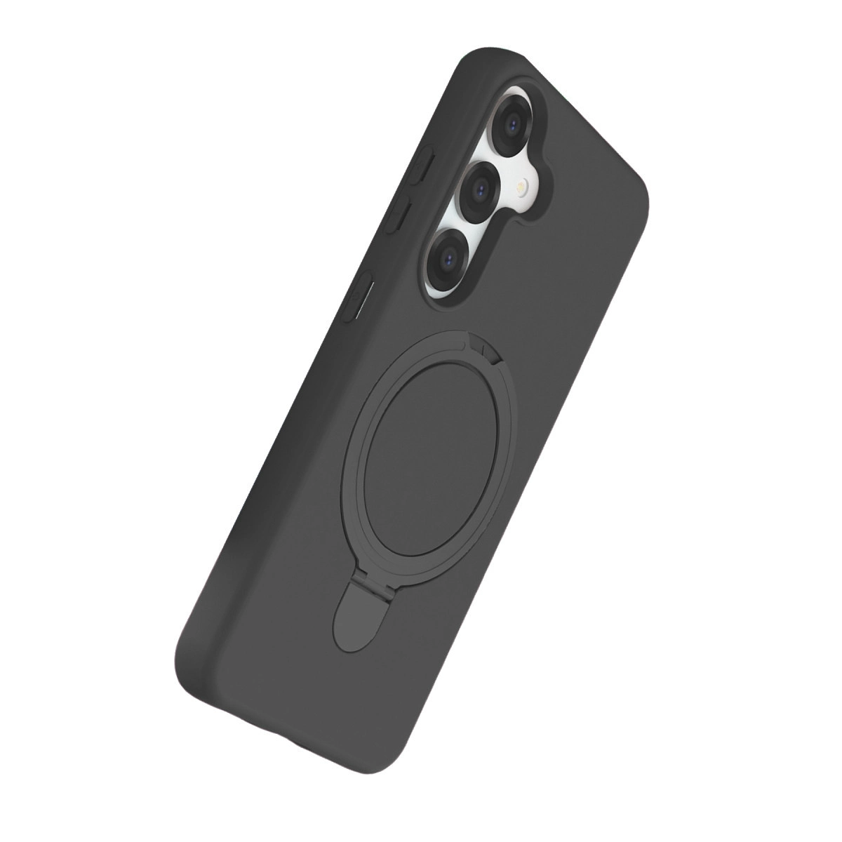 Arkada üç kameralı, halka tutuculu siyah telefon kılıfı, beyaz arka plan.