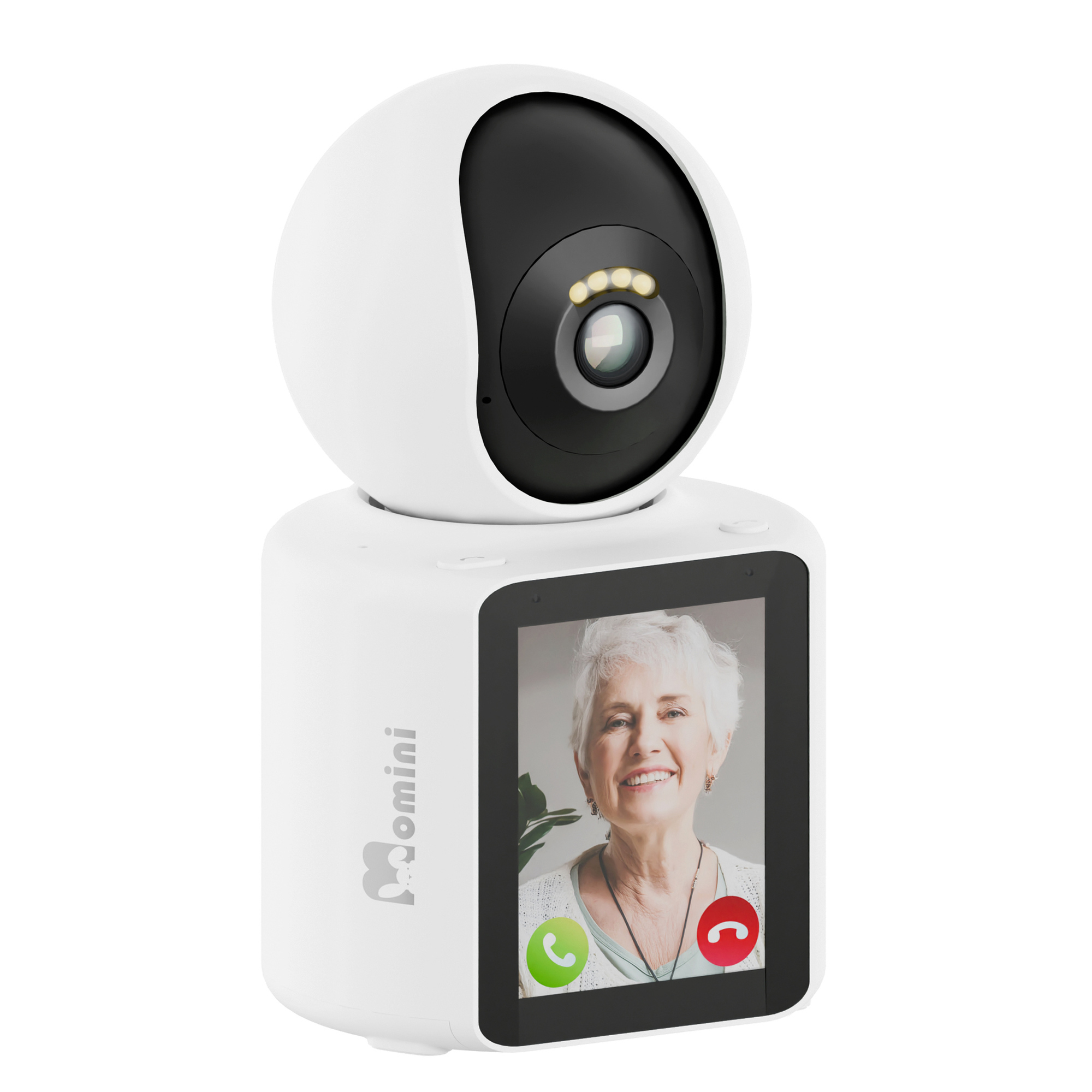 Un monitor di sicurezza bianco mostra il video di un'anziana sorridente. Sono visibili icone verdi e rosse.