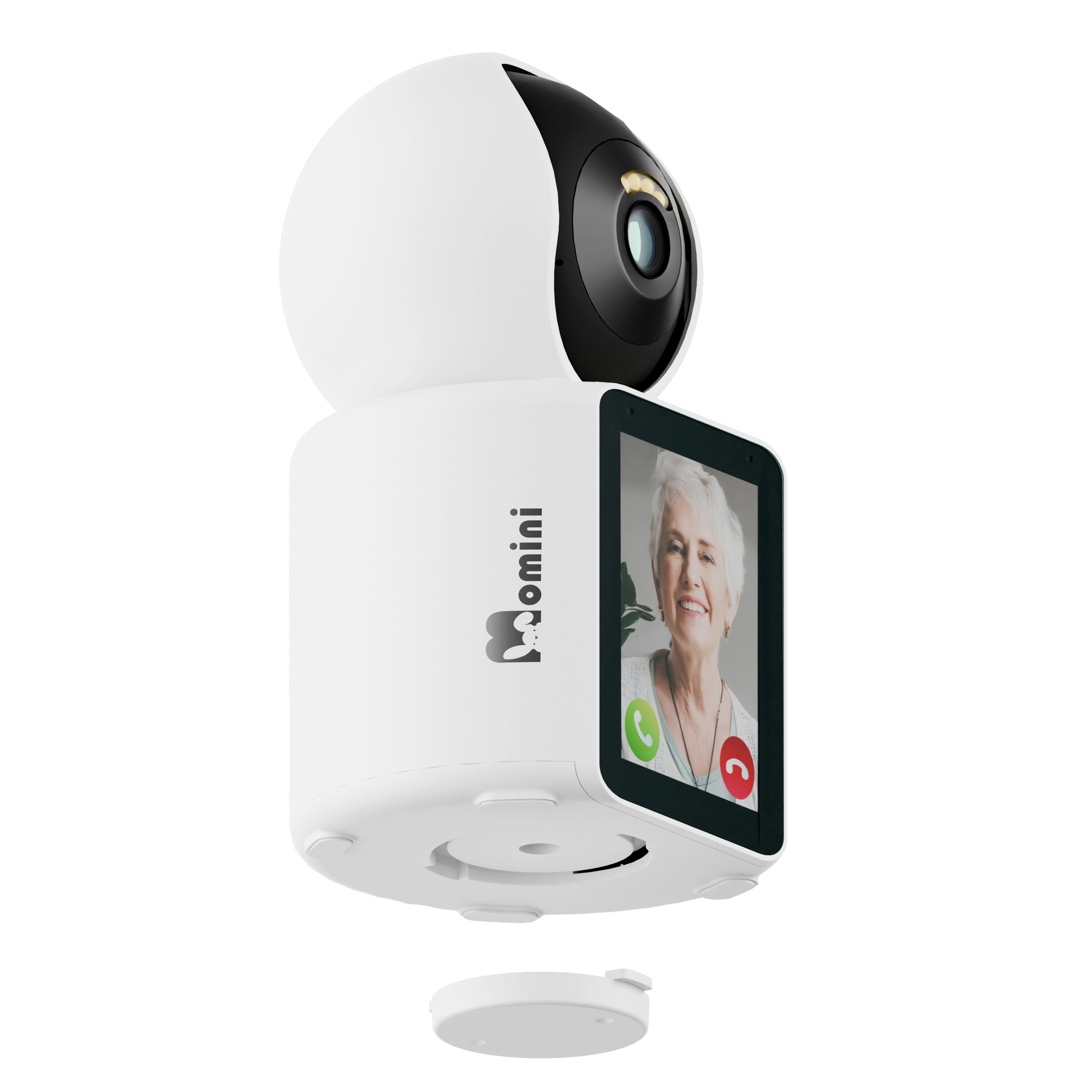Una fotocamera smart bianca con uno schermo che mostra una videochiamata di un'anziana.