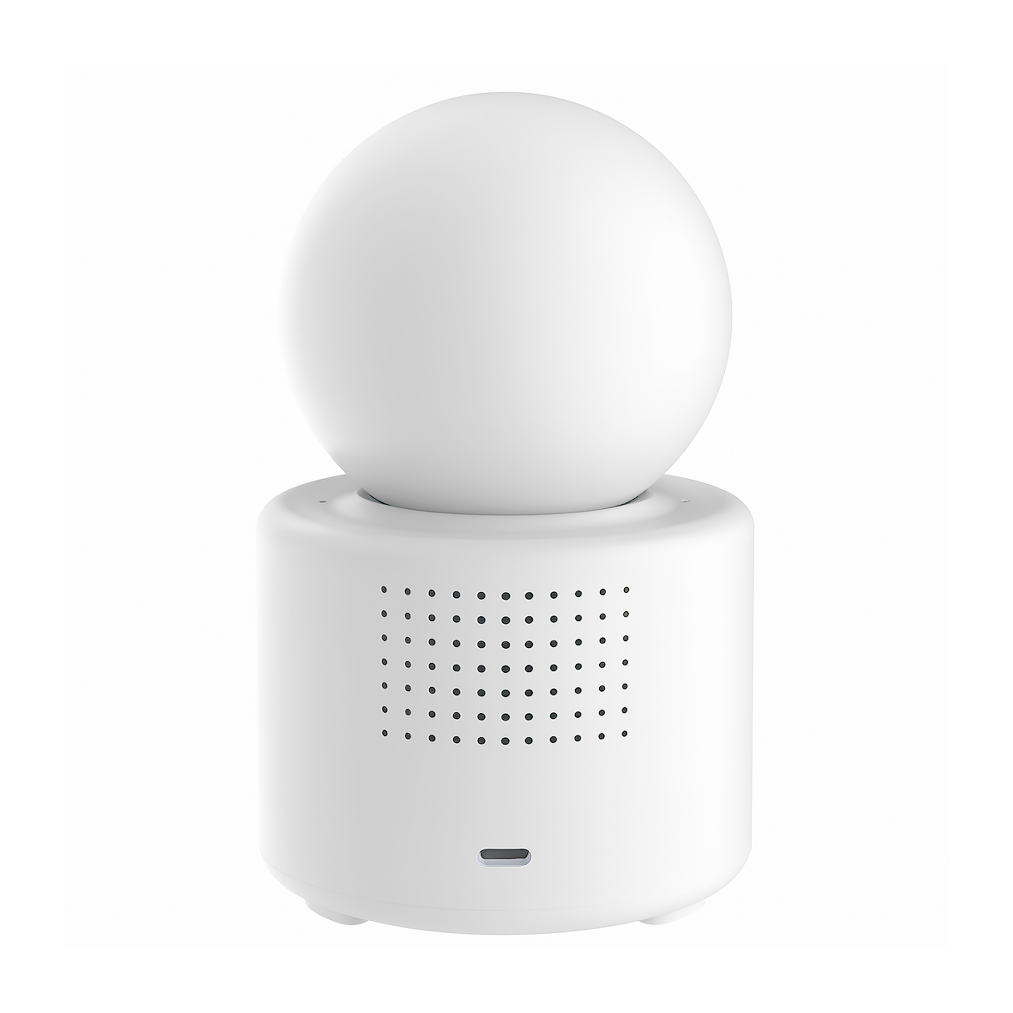 Un altoparlante bianco con parte superiore sferica e porta USB-C.
