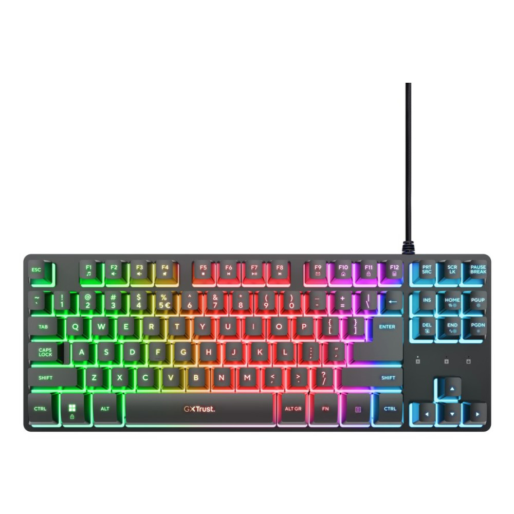 Czarna klawiatura gamingowa z podświetleniem RGB i czarnym kablem.