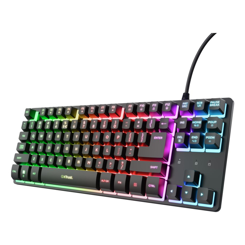 Czarna klawiatura gamingowa z podświetleniem RGB na klawiszach i ramce.