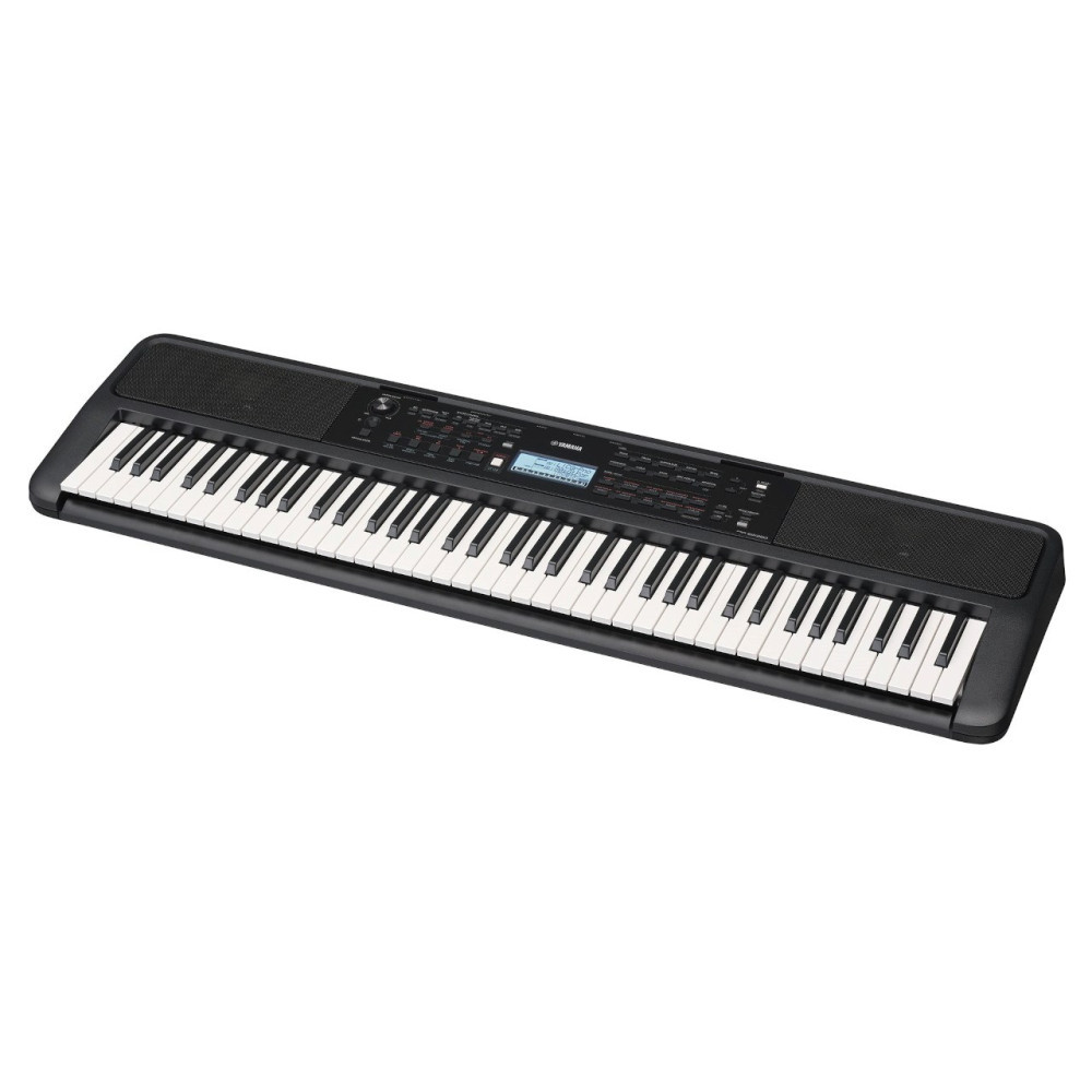 Czarna keyboard Yamaha z białymi i czarnymi klawiszami i ekranem cyfrowym.