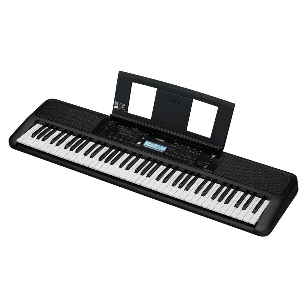 Czarny keyboard Yamaha ze stojakiem na nuty, klawiszami i wyświetlaczem.