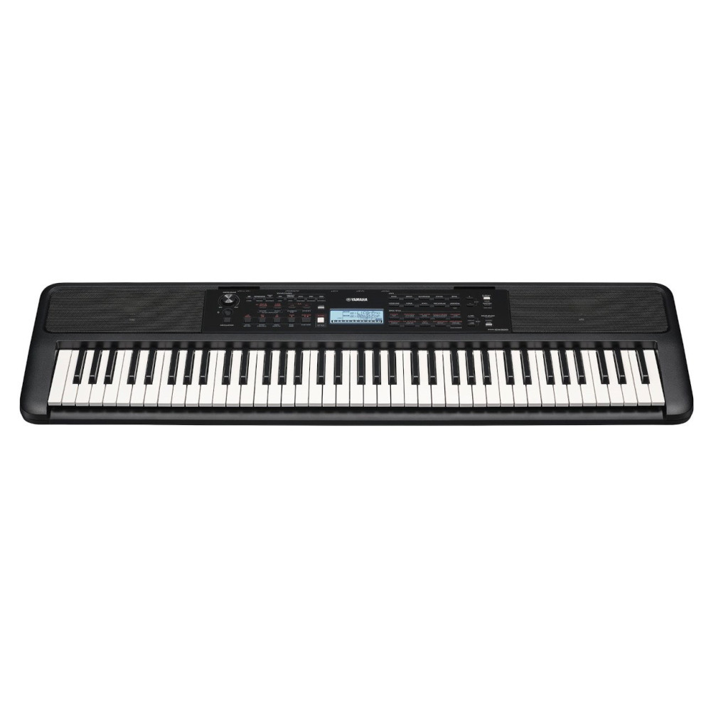 Czarny pianino elektroniczne Yamaha z wieloma klawiszami i ekranem.