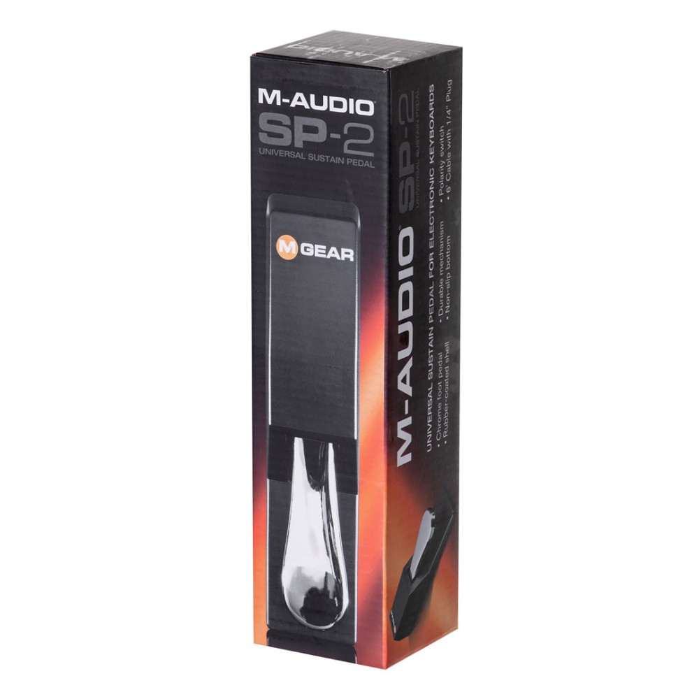 Pudełko pedału sustain M-Audio SP-2 z chromowanym pedałem.