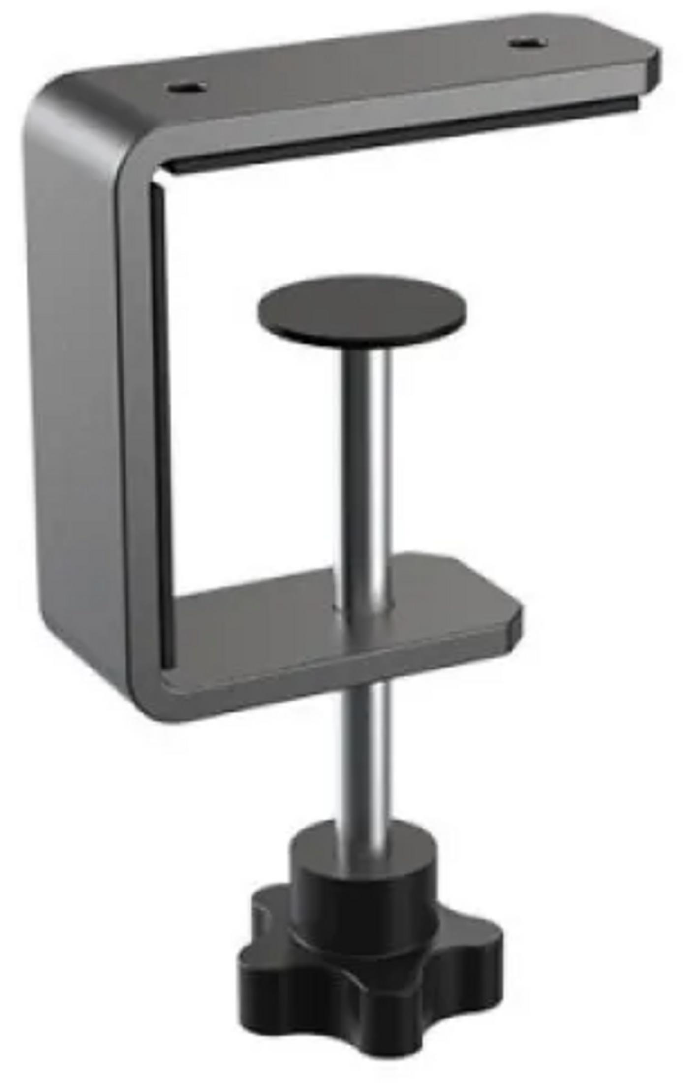 Morsetto da scrivania grigio con pomello nero e pad rotondo.
