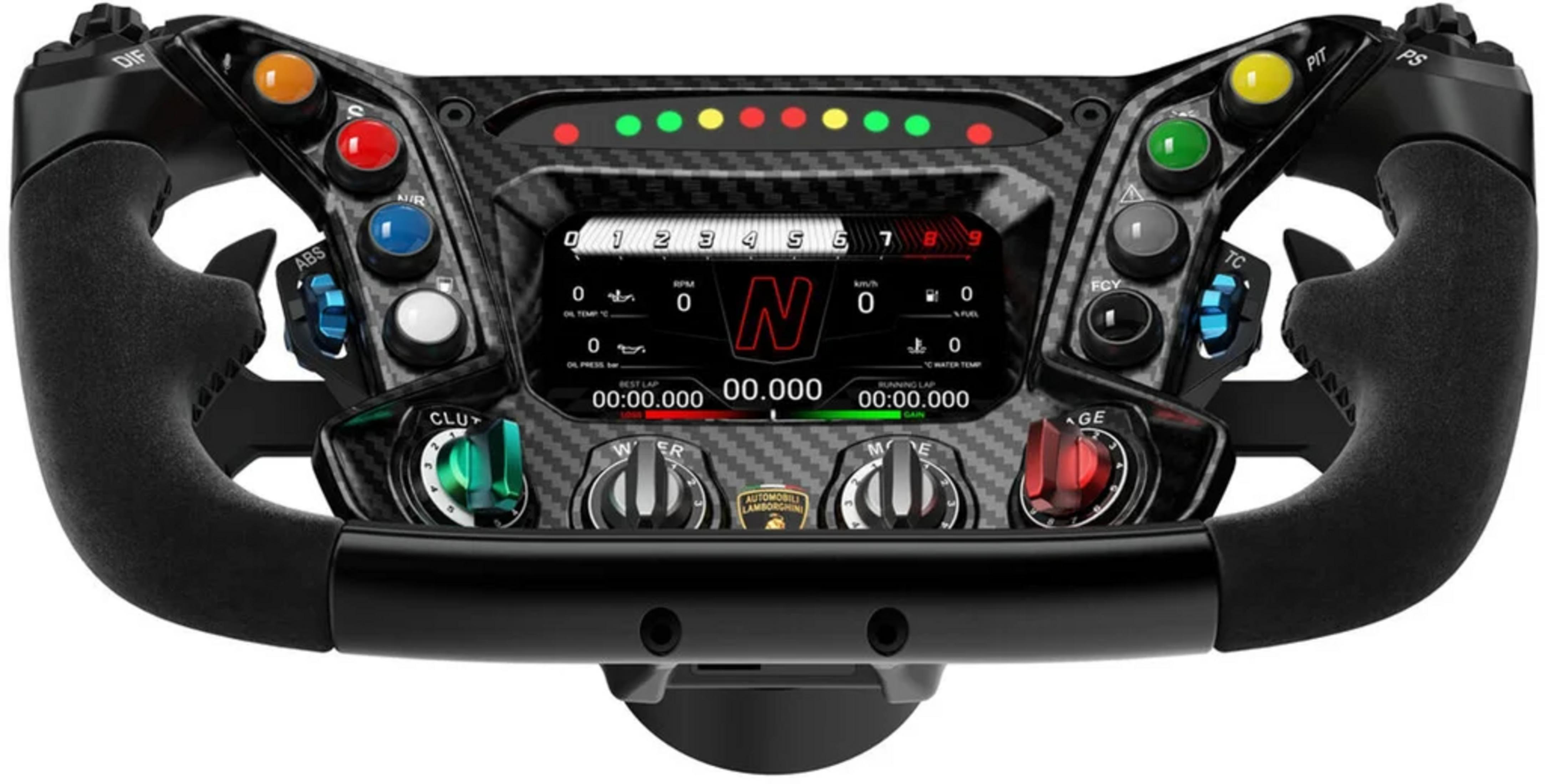 Un volante da corsa nero con pulsanti, interruttori e display digitale.