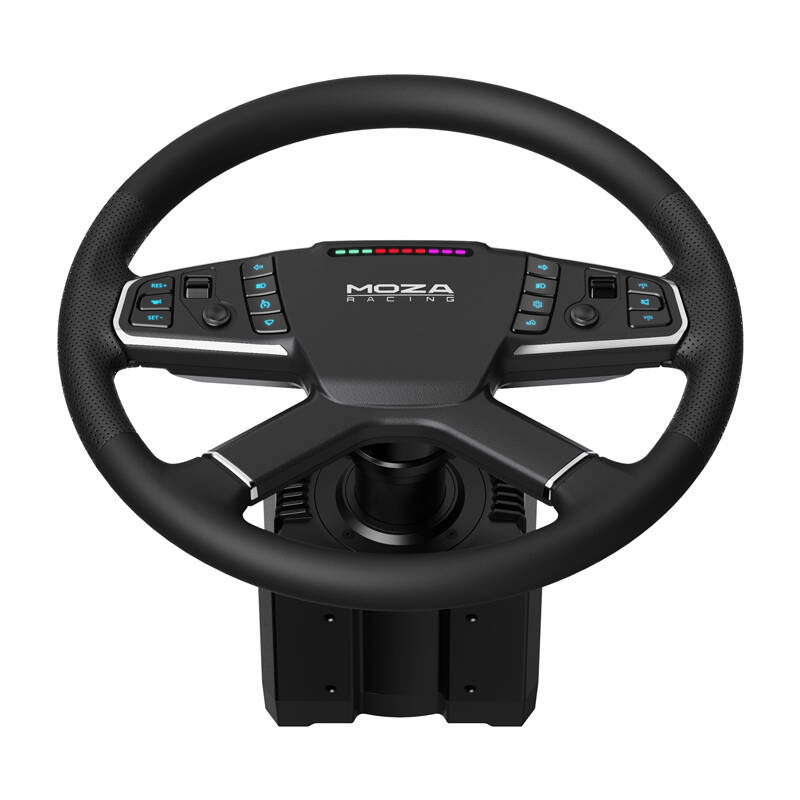 Volante da corsa nero con accenti argentati e pulsanti.