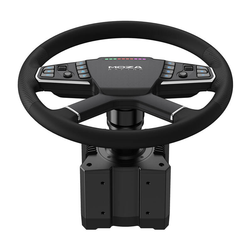 Un volante da corsa nero con accenti argentati, pulsanti e display a LED.