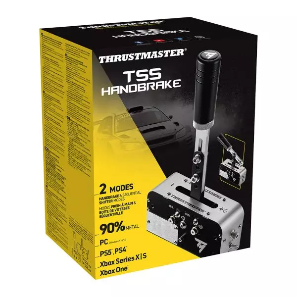 Scatola Thrustmaster TSS Handbrake, mostra freno a mano e grafica auto da corsa. 90% metallo.