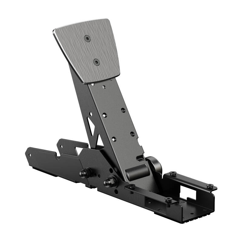 Ein metallisches Gaming-Pedal mit gebürsteter silberner Oberseite und schwarzem Metallsockel.