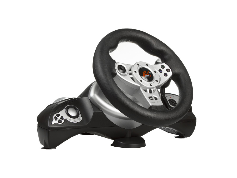 Un volante da corsa nero e argento con pulsanti e un logo.