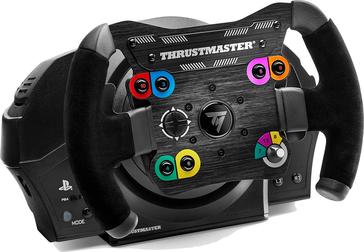 Un volante de carreras Thrustmaster negro con muchos botones de colores y un interruptor PS4.