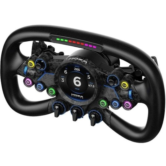 Un volante da corsa nero con pulsanti, display e LED in alto.
