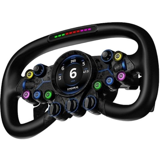 Un volante da corsa nero con display digitale e molti pulsanti.
