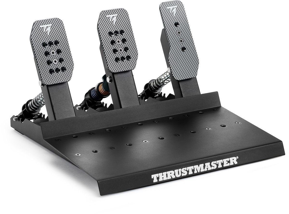 Un simulatore di pedali per giochi di corse nero con tre pedali e il logo Thrustmaster.