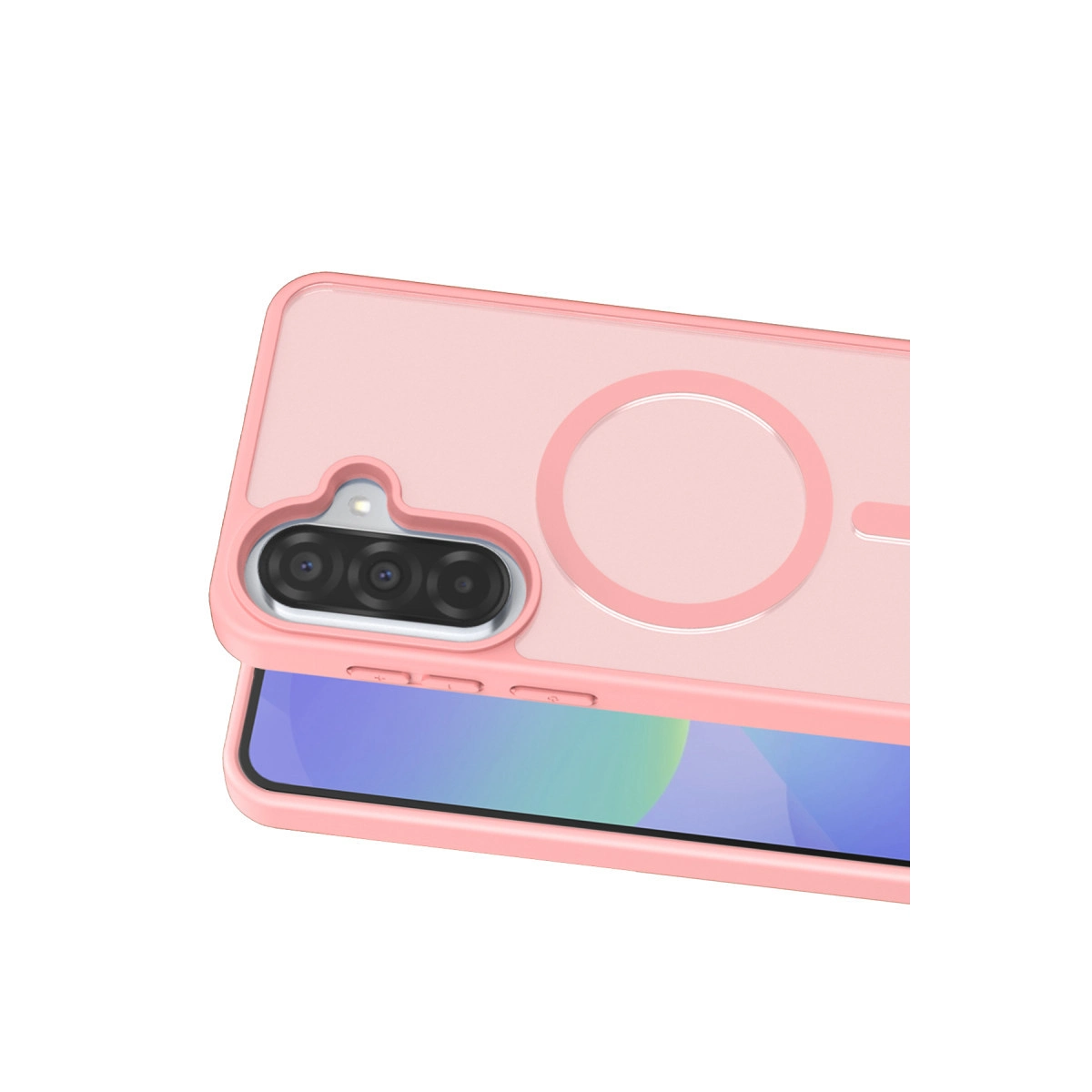 Kamera kesimi ve manyetik halkası olan pembe telefon kılıfı.