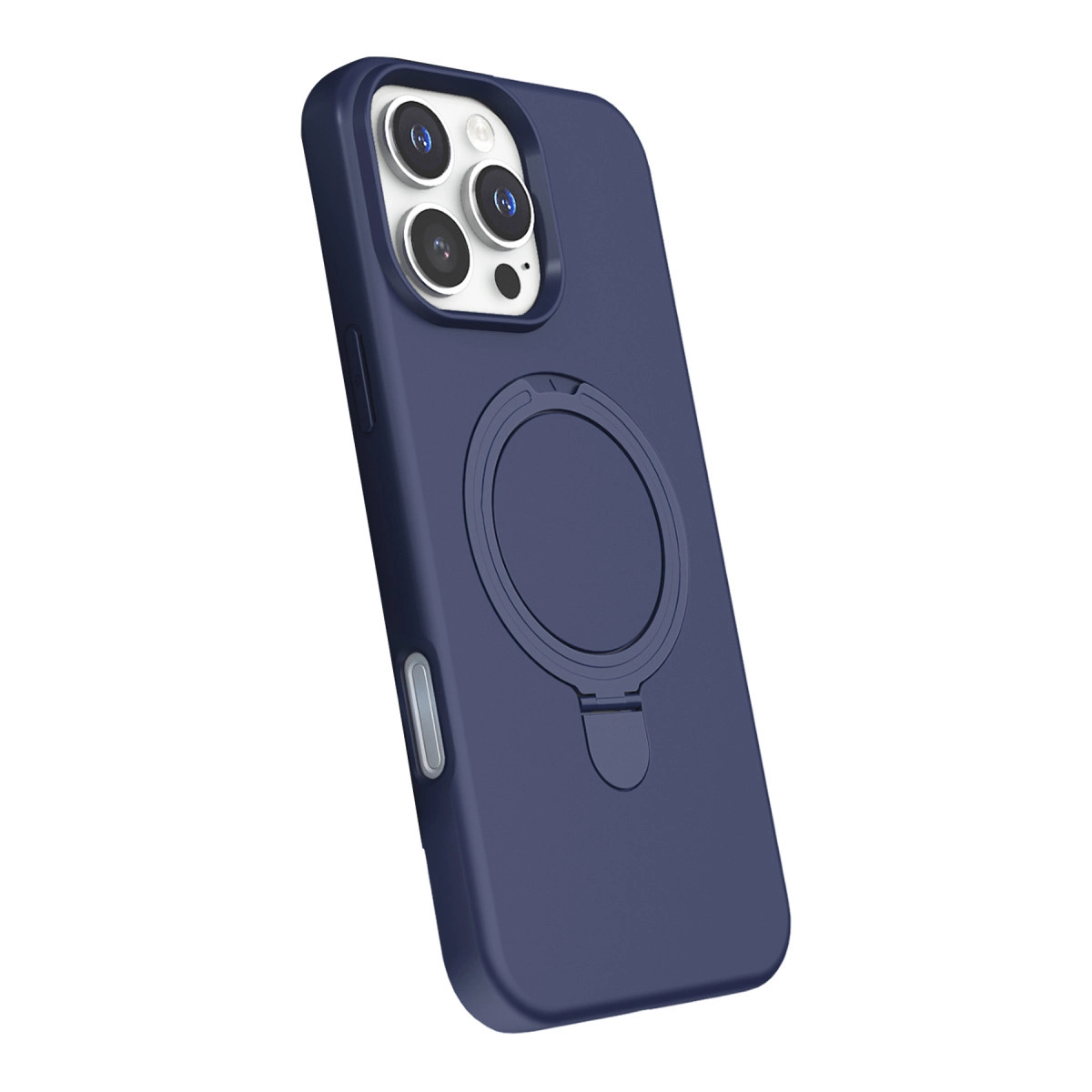 Halka tutuculu, üç kameralı lacivert telefon kılıfı.