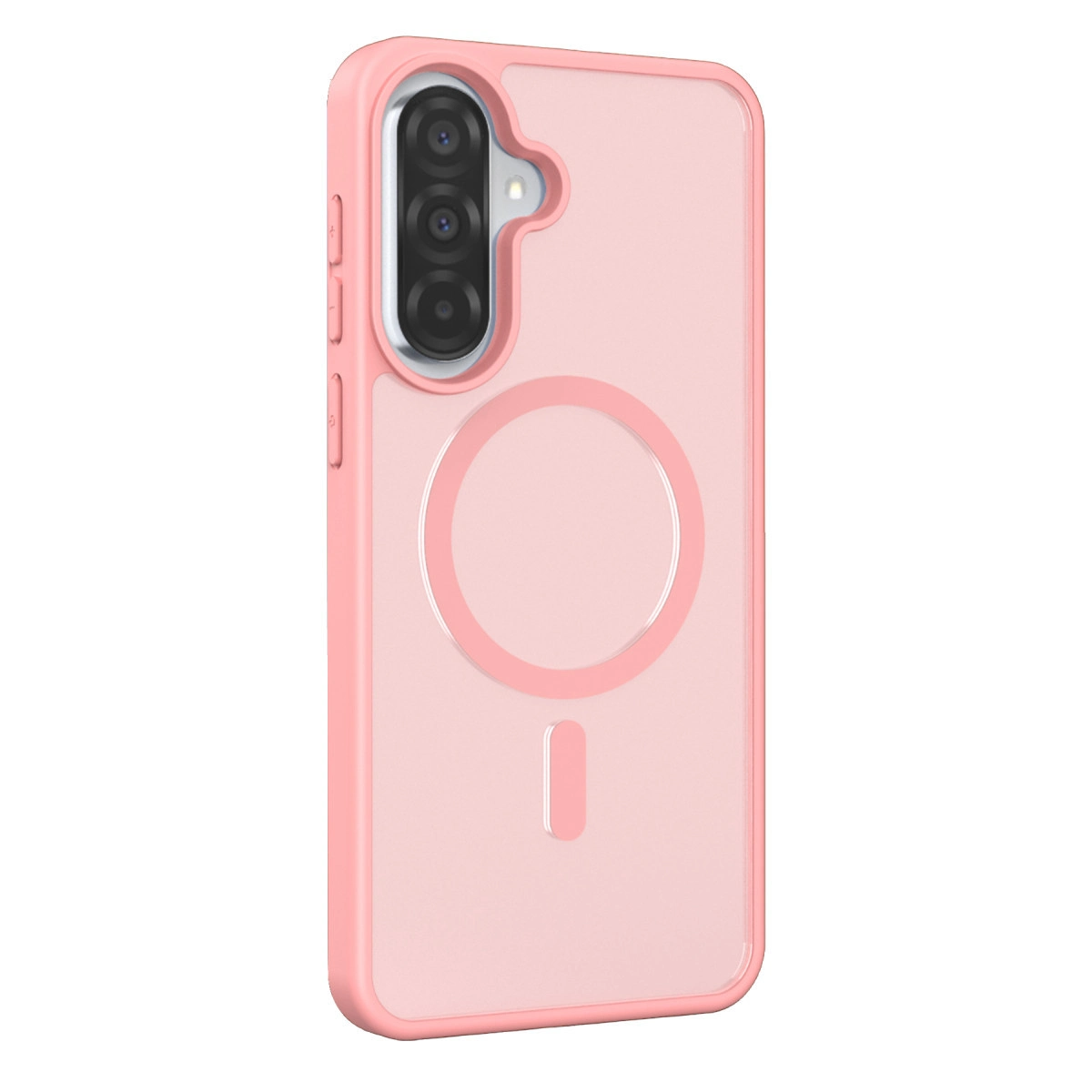 Üç kamera lensli ve manyetik halkalı pembe telefon kılıfı.