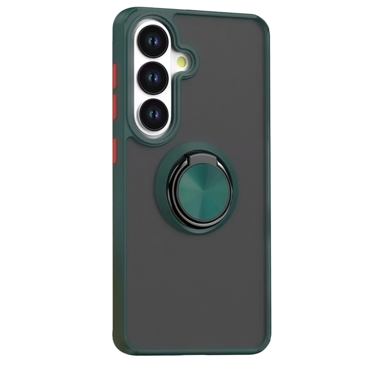 Üç kameralı ve yeşil halkalı stantlı koyu yeşil telefon kılıfı.