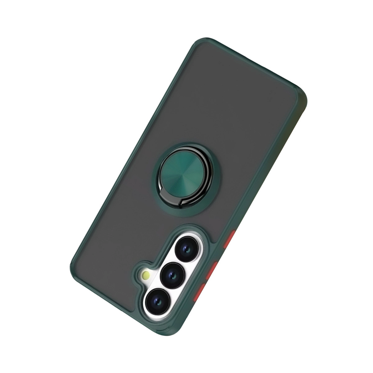 Yeşil halka tutuculu, üç kamera lensli koyu gri telefon kılıfı.