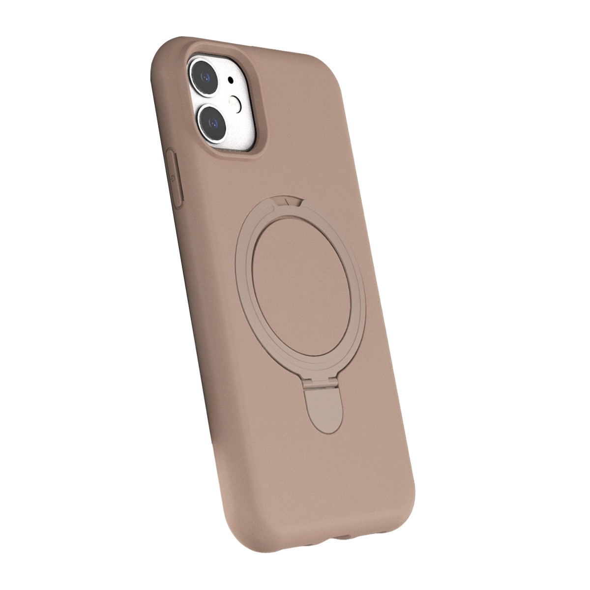 Beyaz arka plan üzerinde halka tutuculu ve kamera oyuklu kahverengi telefon kılıfı.