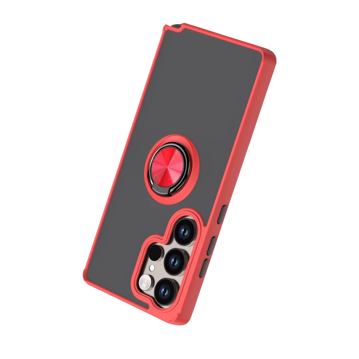 Kamera kesimli ve metal halkalı kırmızı ve gri telefon kılıfı.