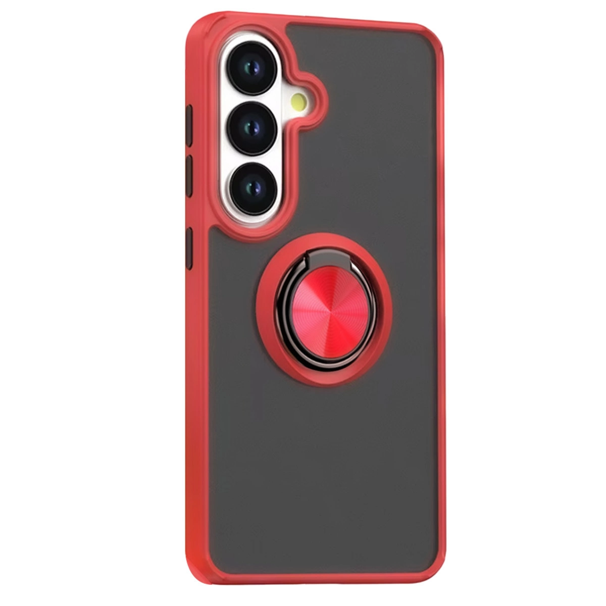 Üçlü kamera ve halka tutuculu kırmızı ve gri telefon kılıfı.