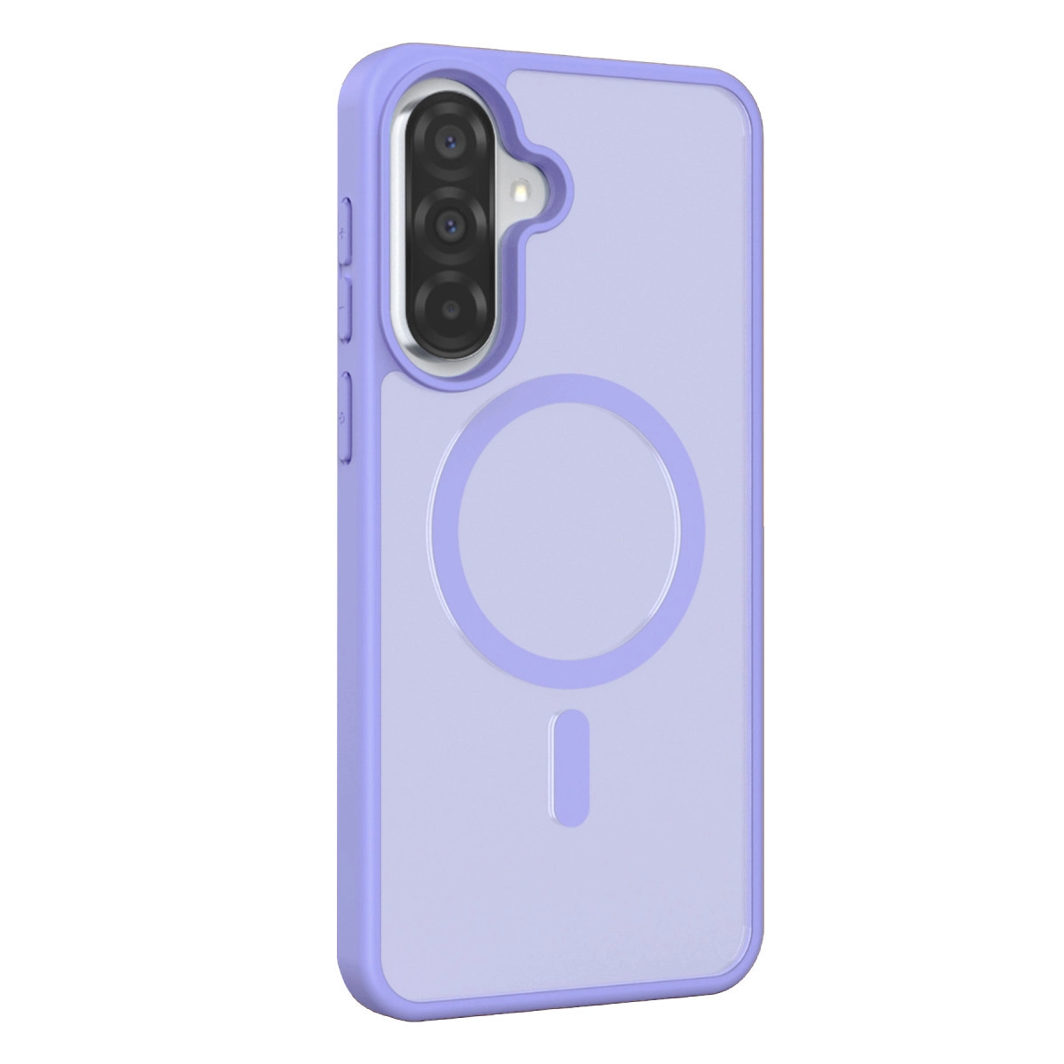 Kamera kesimli ve arkasında manyetik halkalı lavanta rengi telefon kılıfı.