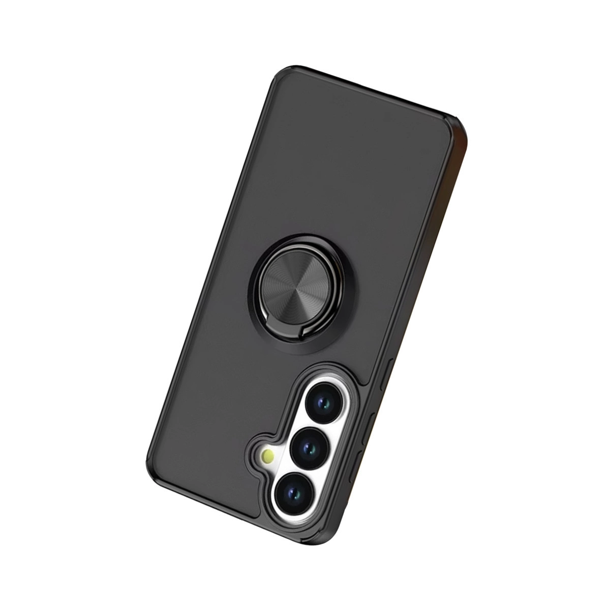 Arkada gümüş halka tutuculu siyah telefon kılıfı.