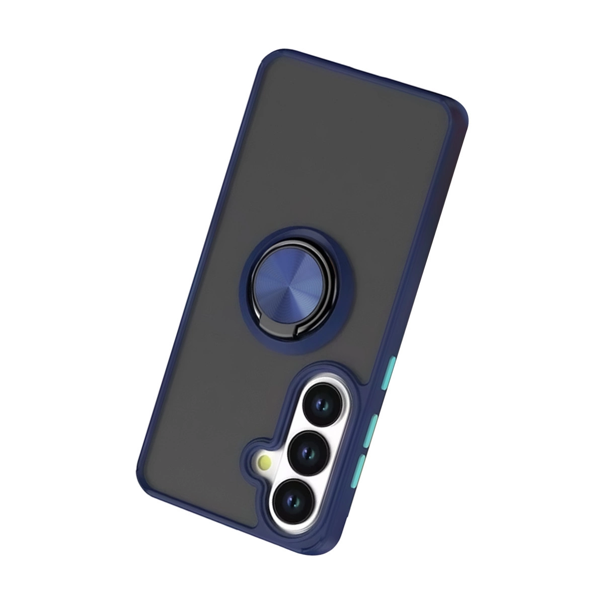 Mavi halka tutuculu ve üç kameralı koyu gri telefon kılıfı.