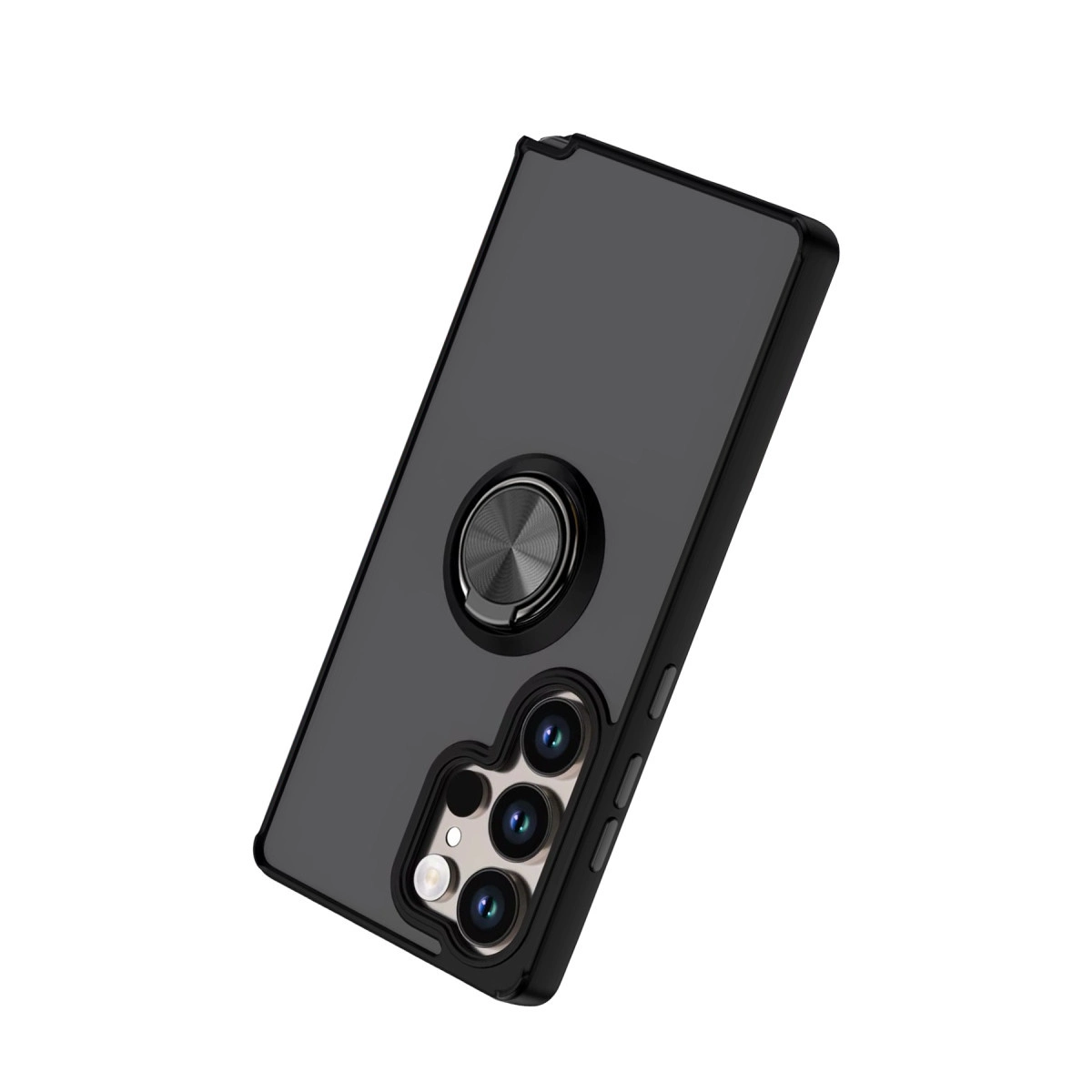 Halka tutuculu ve üç kamera lensli koyu gri telefon kılıfı.