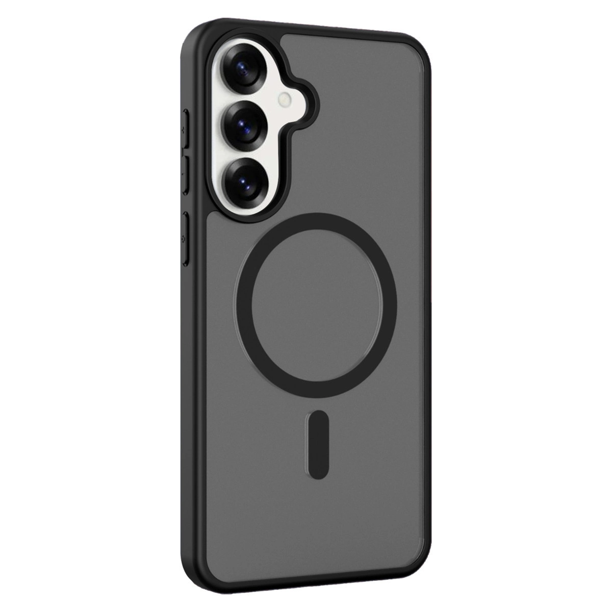 Üç kameralı ve manyetik halkalı siyah telefon kılıfı.