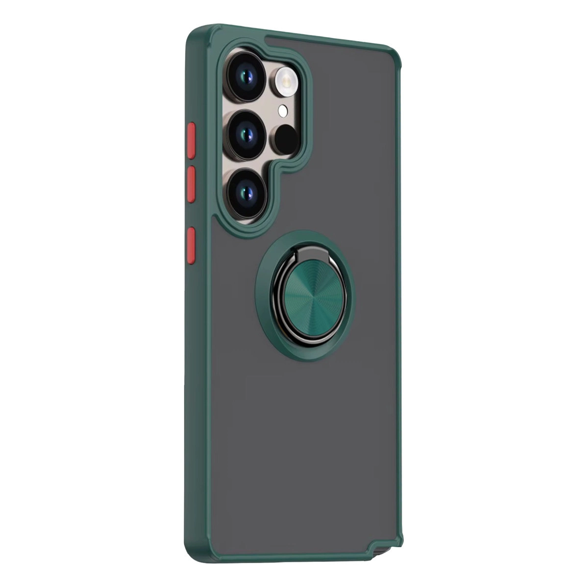 Yeşil çerçeveli, kameralı ve halka ayaklı koyu gri telefon kılıfı.