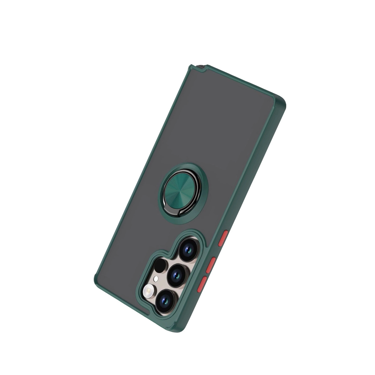 Entegre halka tutuculu ve üç kamera lensli koyu yeşil telefon kılıfı.
