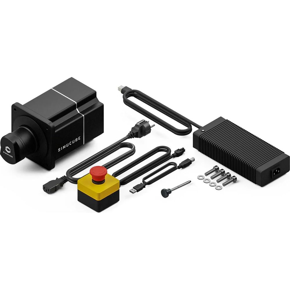 Dispositivo Simucube nero con cavi, alimentatore, pulsante rosso e viti.
