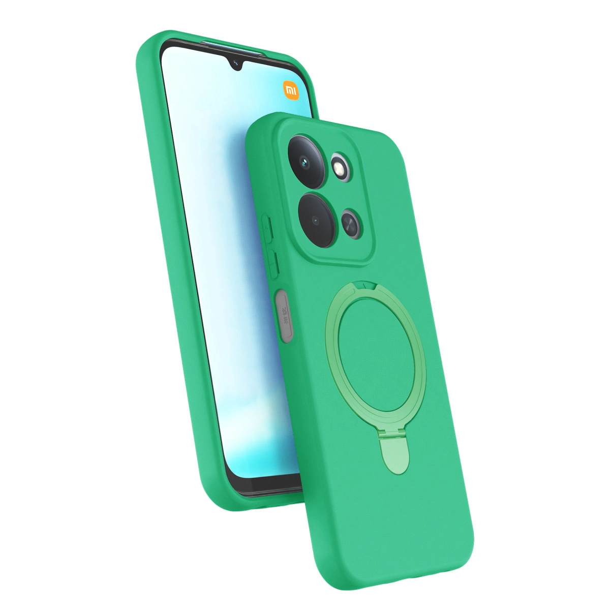 Halka standlı yeşil telefon kılıfı, kamera lenslerini ve telefondaki Xiaomi logosunu gösterir.